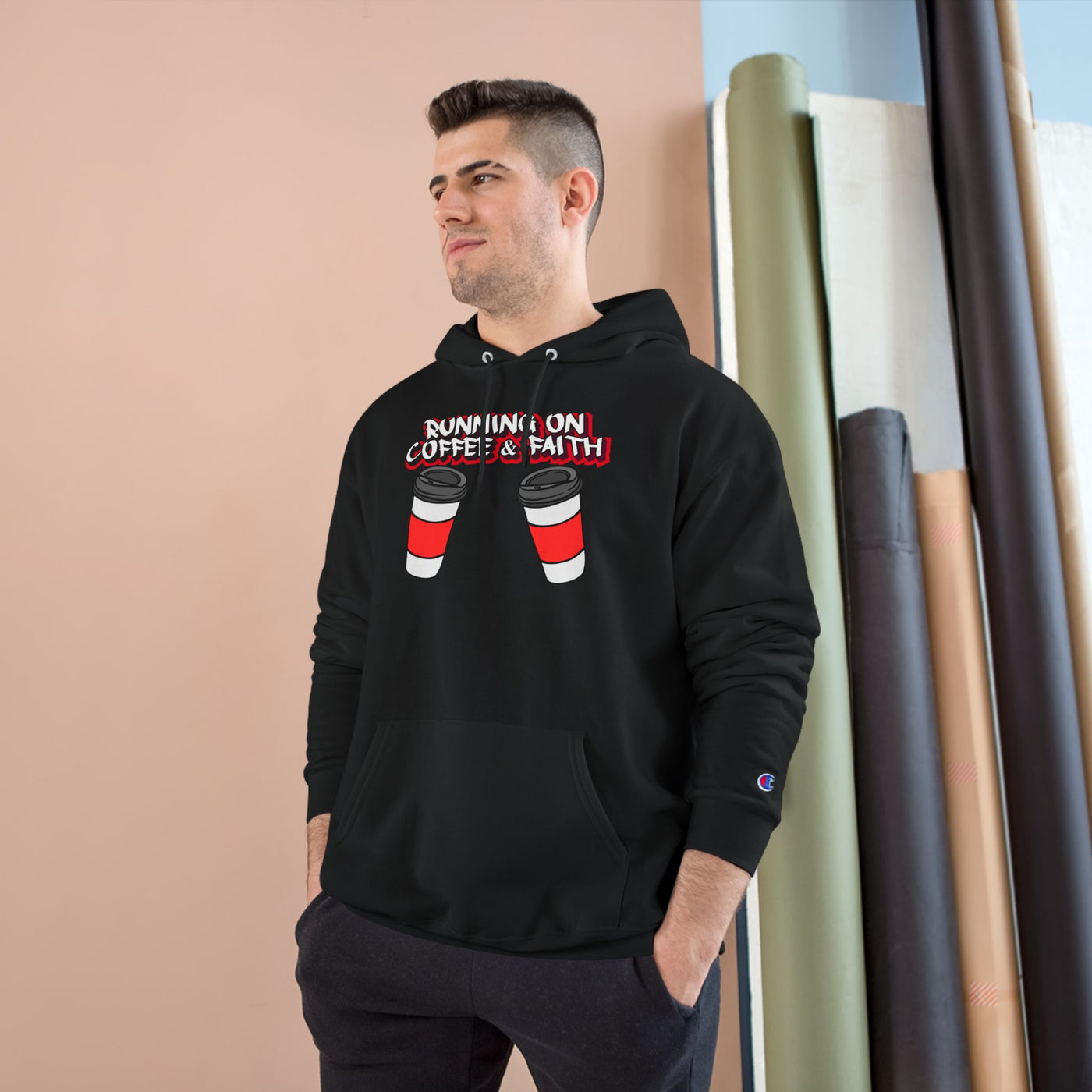 Running on Coffee & Faith Hoodie - Cozy Champion Sweatshirt for Coffee Lovers