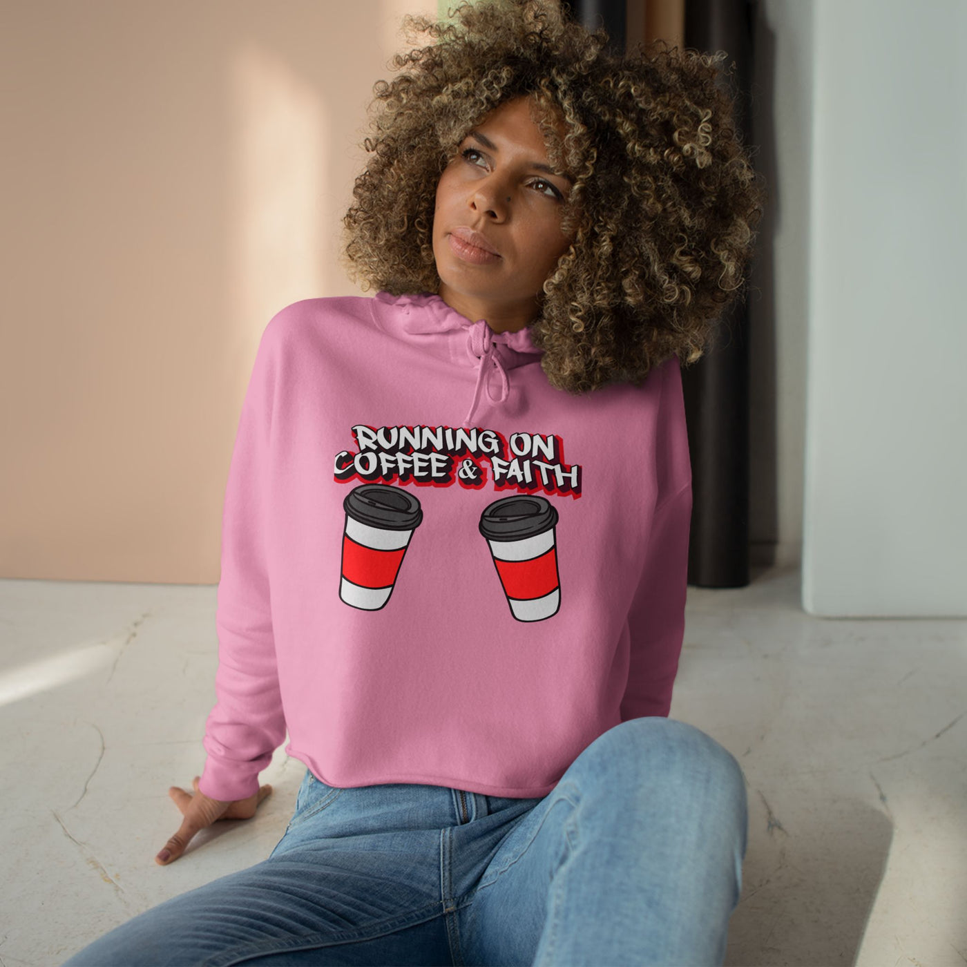 Running on Coffee & Faith Crop Hoodie - Cozy Sweatshirt for Coffee Lovers