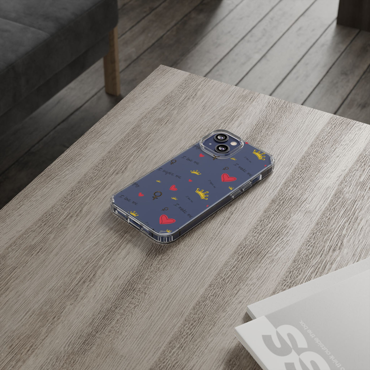 Inspirational Clear Phone Case with Hearts and Crowns