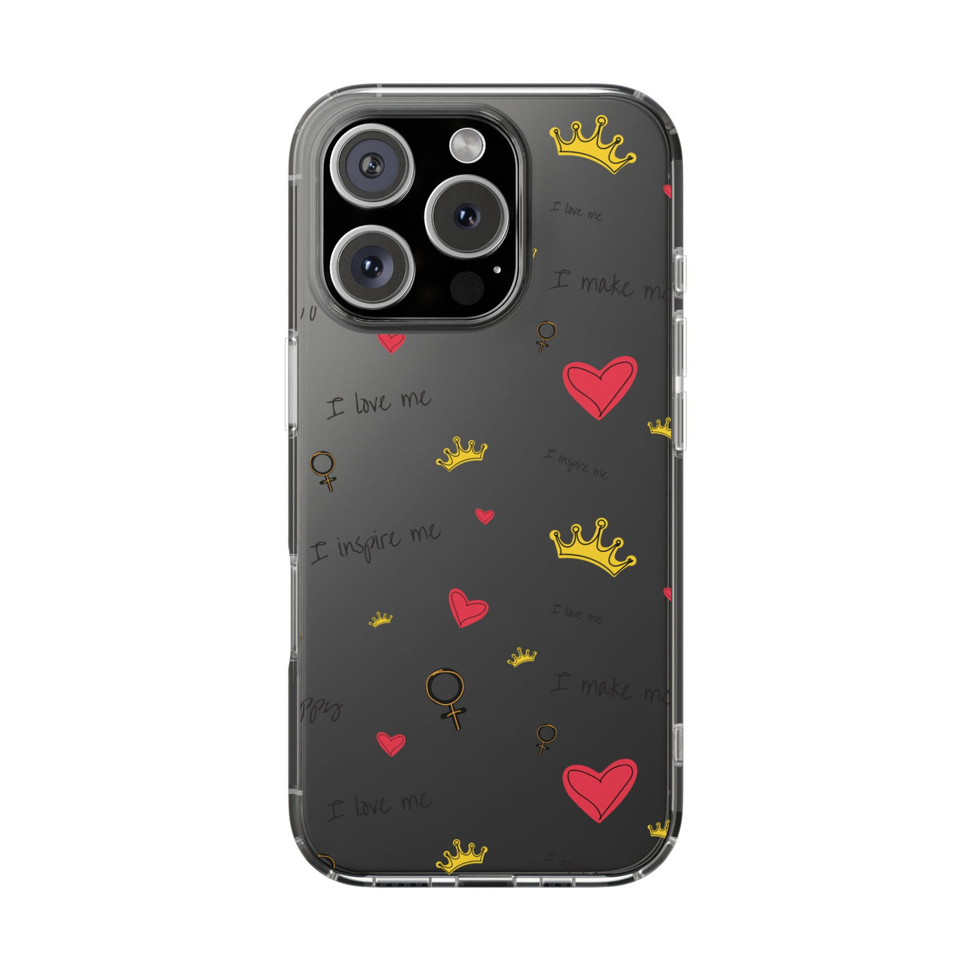 Inspirational Clear Phone Case with Hearts and Crowns
