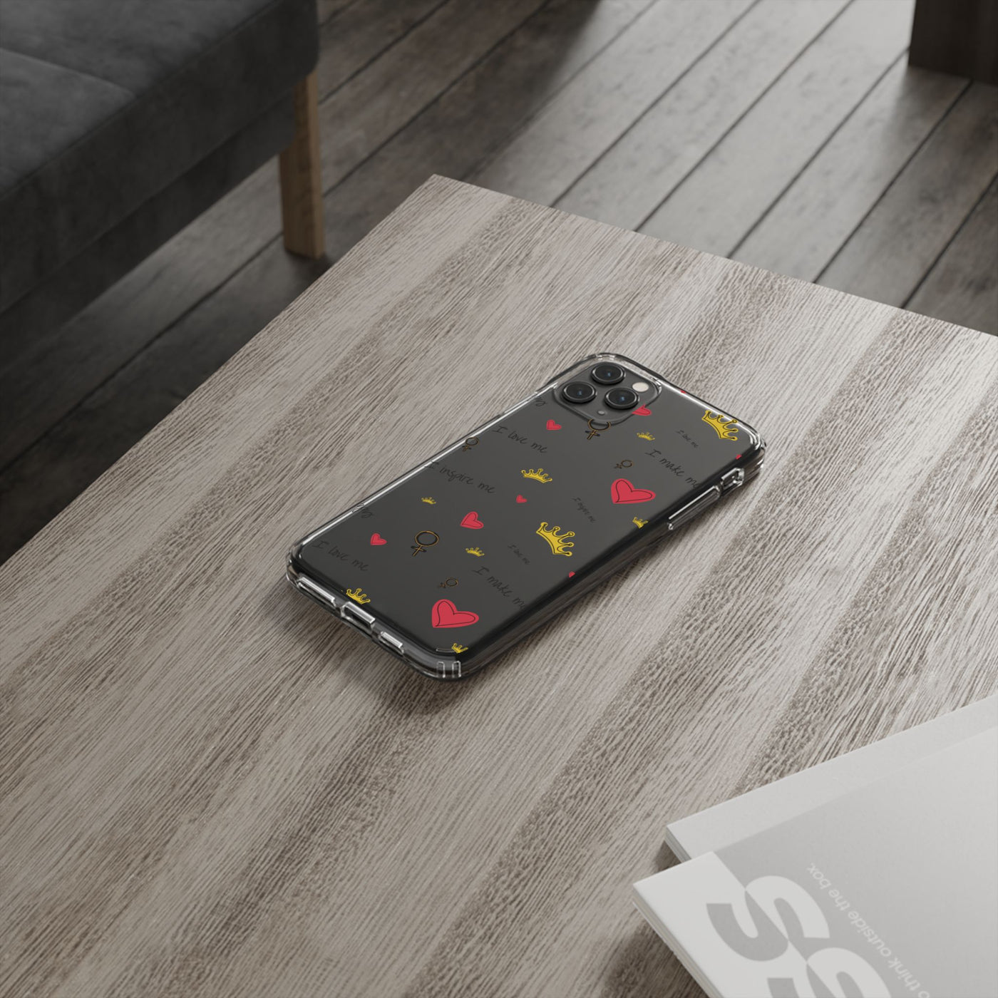 Inspirational Clear Phone Case with Hearts and Crowns