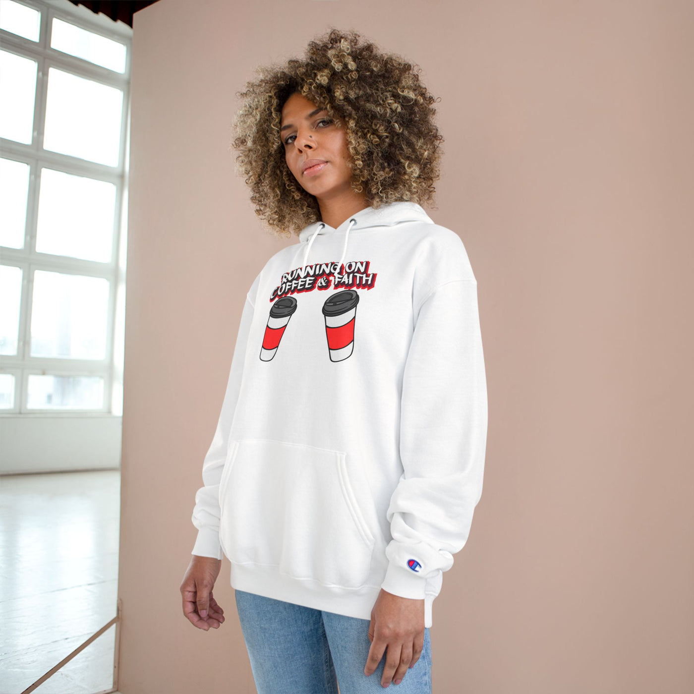 Running on Coffee & Faith Hoodie - Cozy Champion Sweatshirt for Coffee Lovers