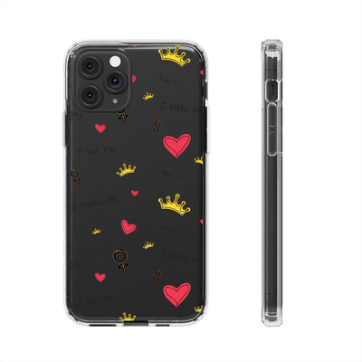 Inspirational Clear Phone Case with Hearts and Crowns