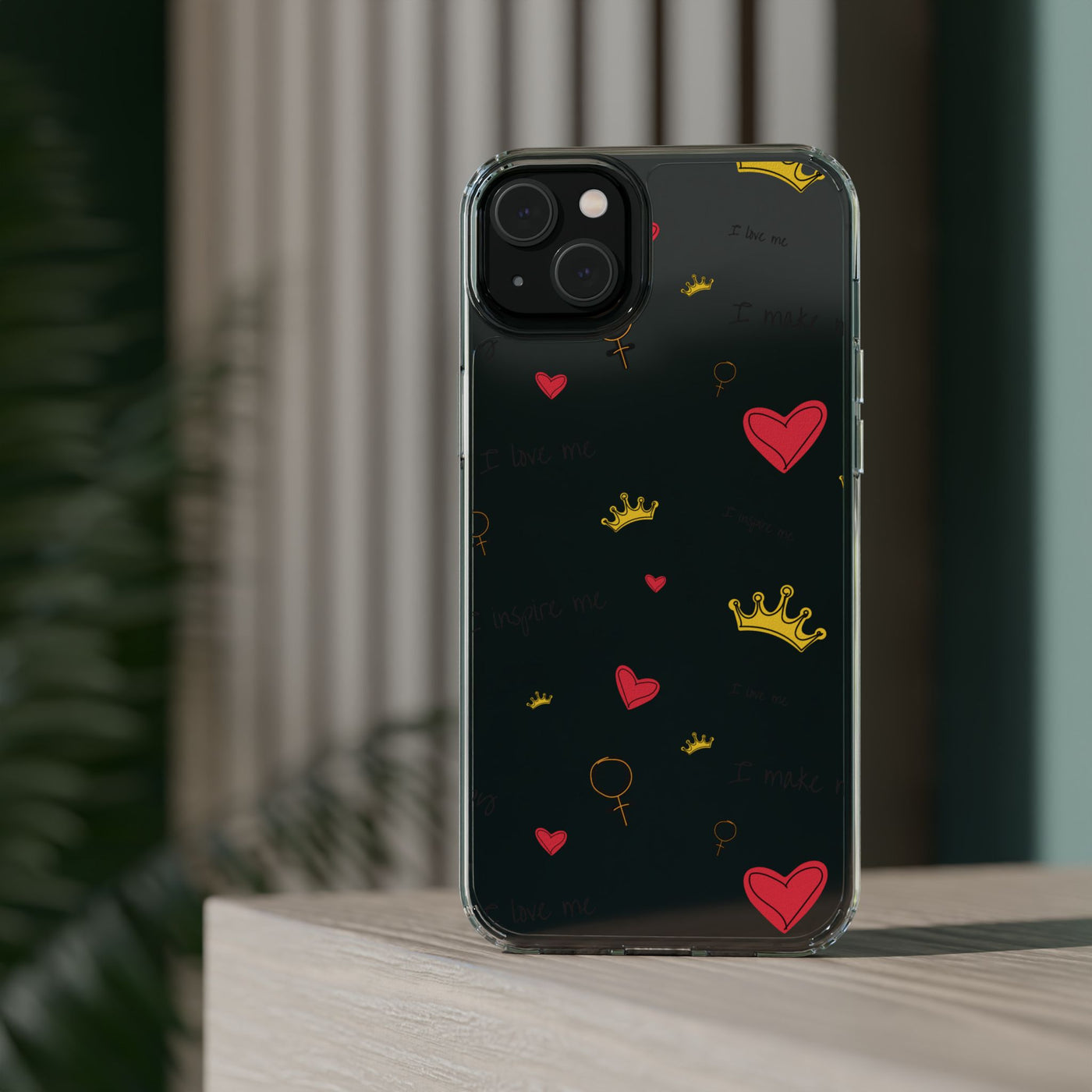 Inspirational Clear Phone Case with Hearts and Crowns