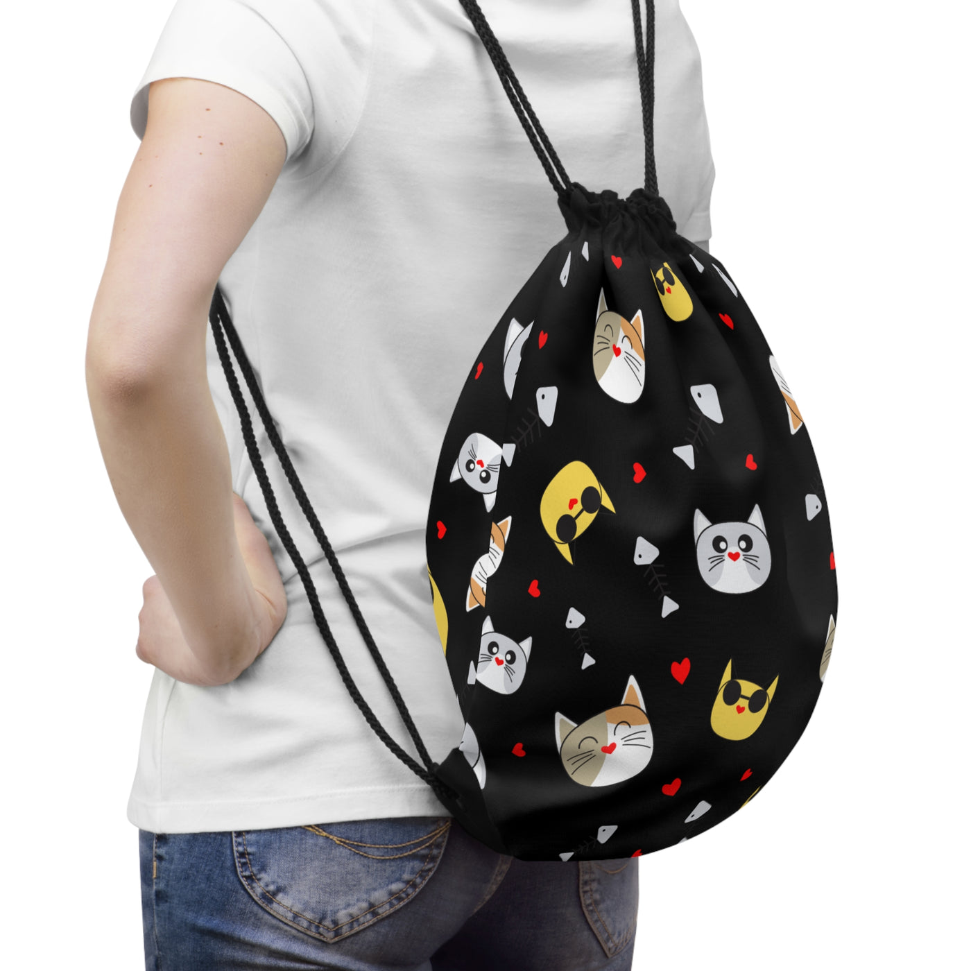 Adorable Cat-Themed Drawstring Bag with Hearts