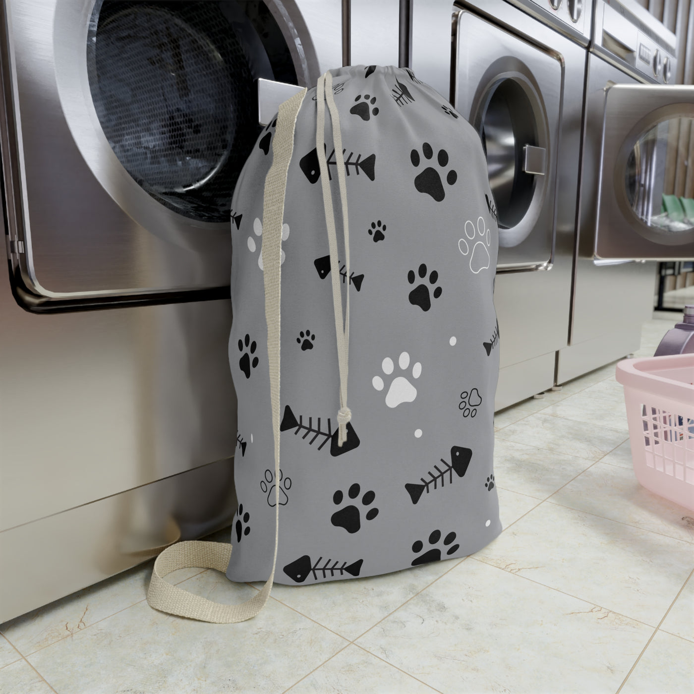 Pet-Themed Laundry Bag: Paws & Fish Design, Cute Laundry Bag, Dog Lover Gift, Cat Owner Accessory, Cozy Home Organizer
