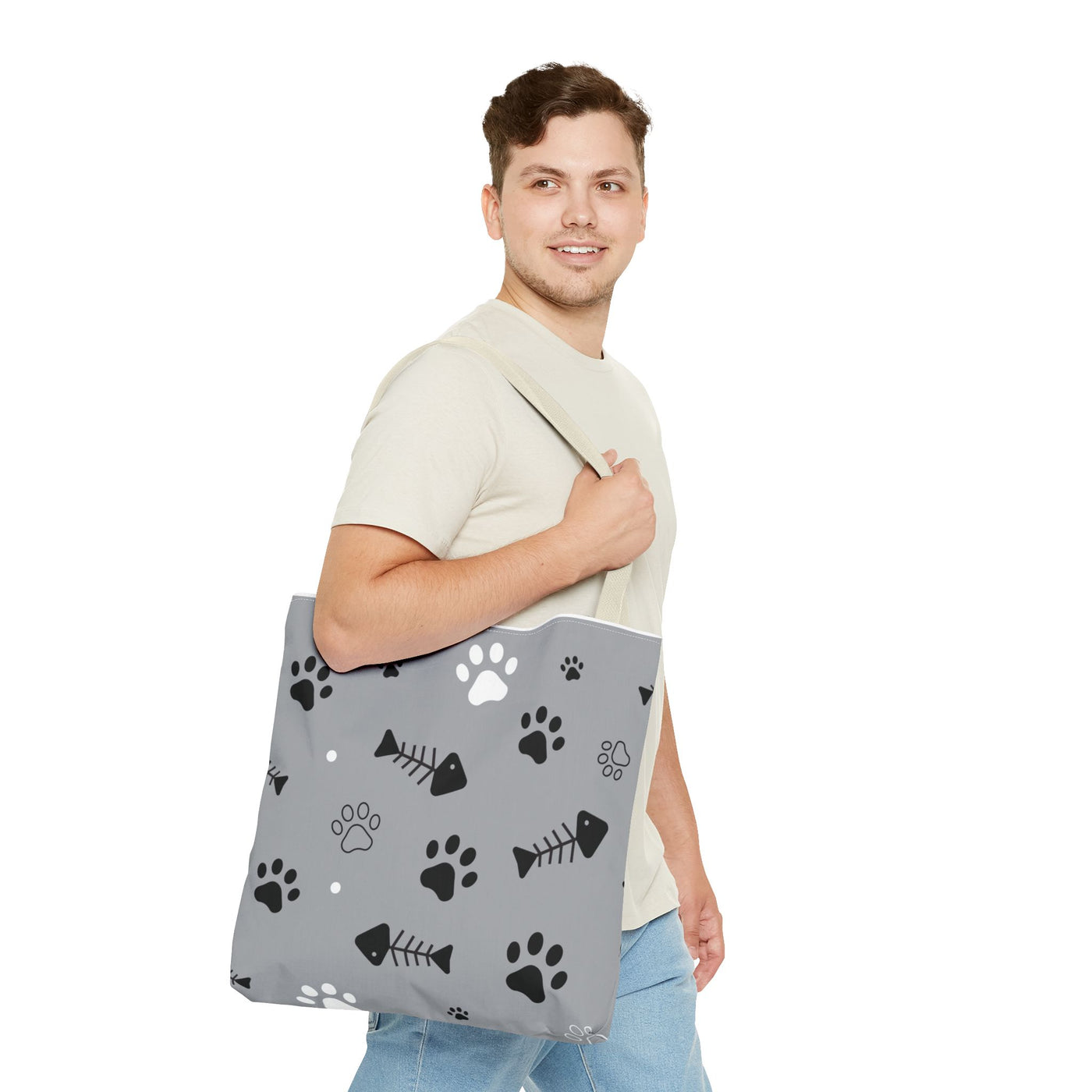 Cute Pet-Themed Tote Bag with Paws and Fish Design