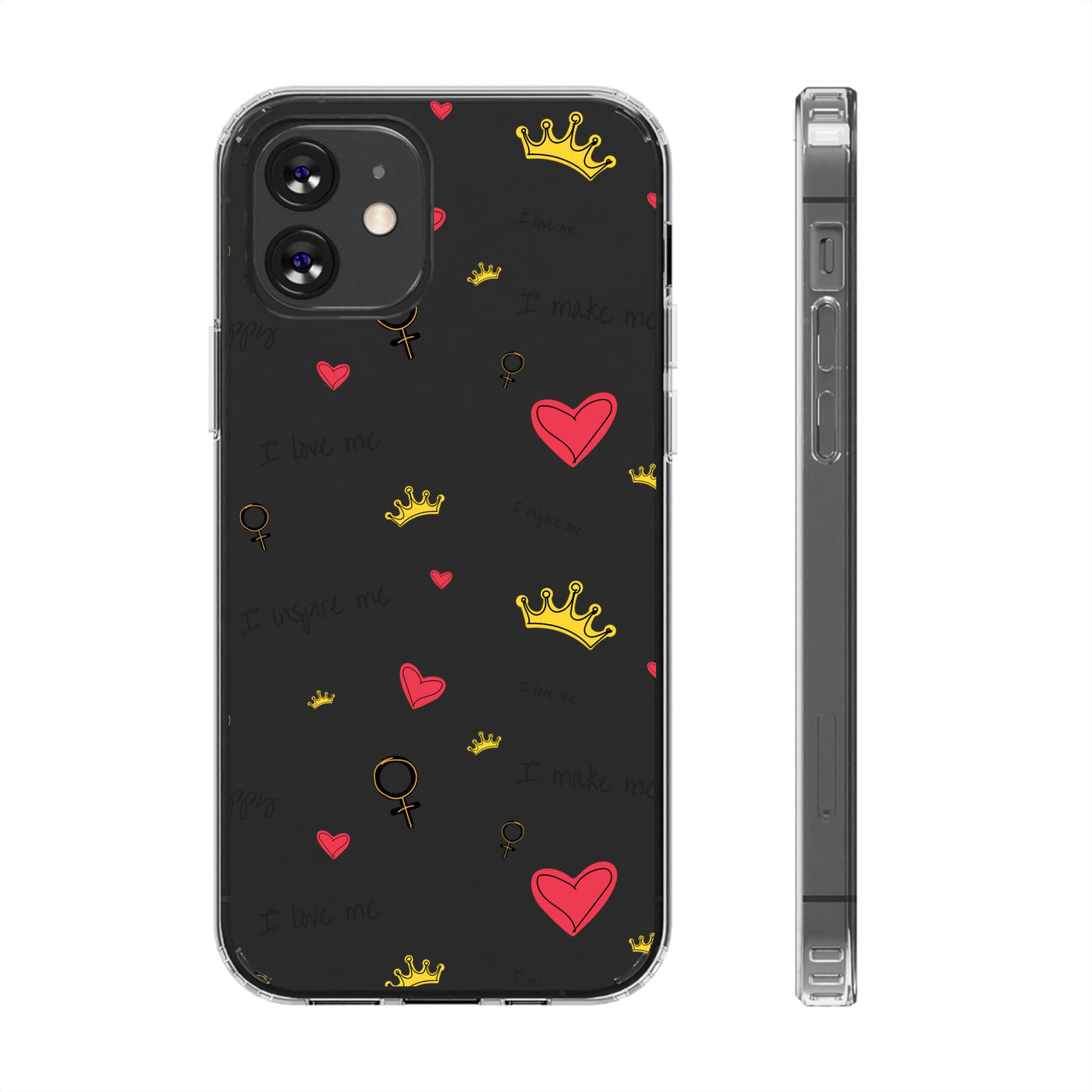 Inspirational Clear Phone Case with Hearts and Crowns