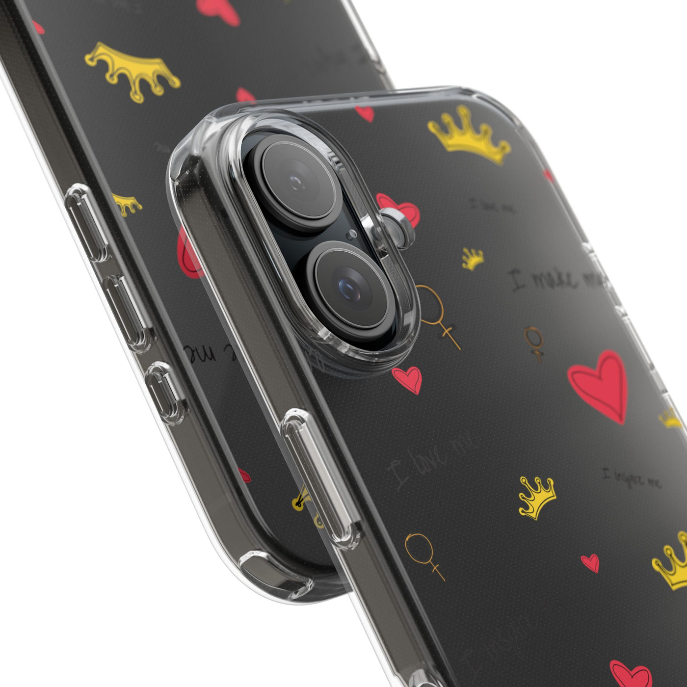 Inspirational Clear Phone Case with Hearts and Crowns
