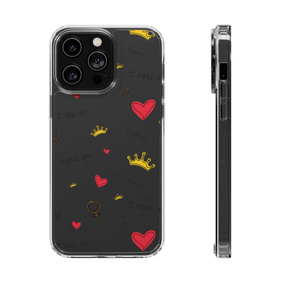Inspirational Clear Phone Case with Hearts and Crowns