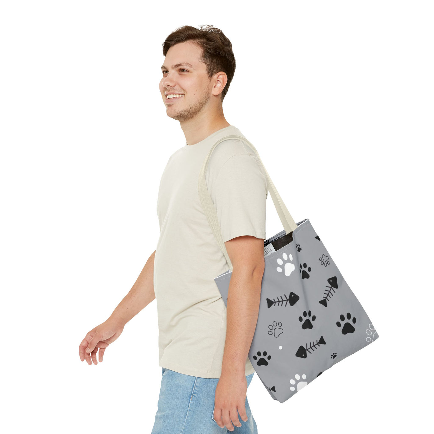 Cute Pet-Themed Tote Bag with Paws and Fish Design