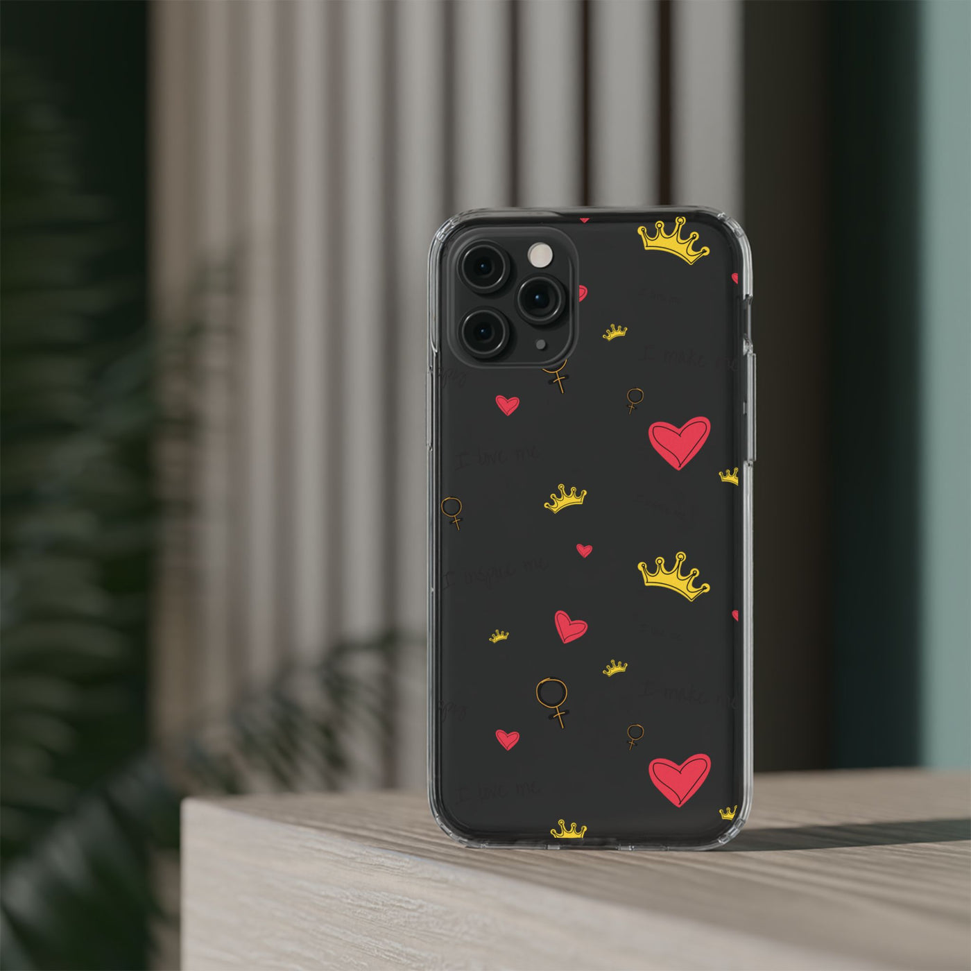 Inspirational Clear Phone Case with Hearts and Crowns