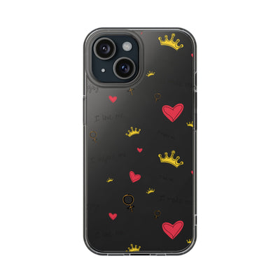 Inspirational Clear Phone Case with Hearts and Crowns