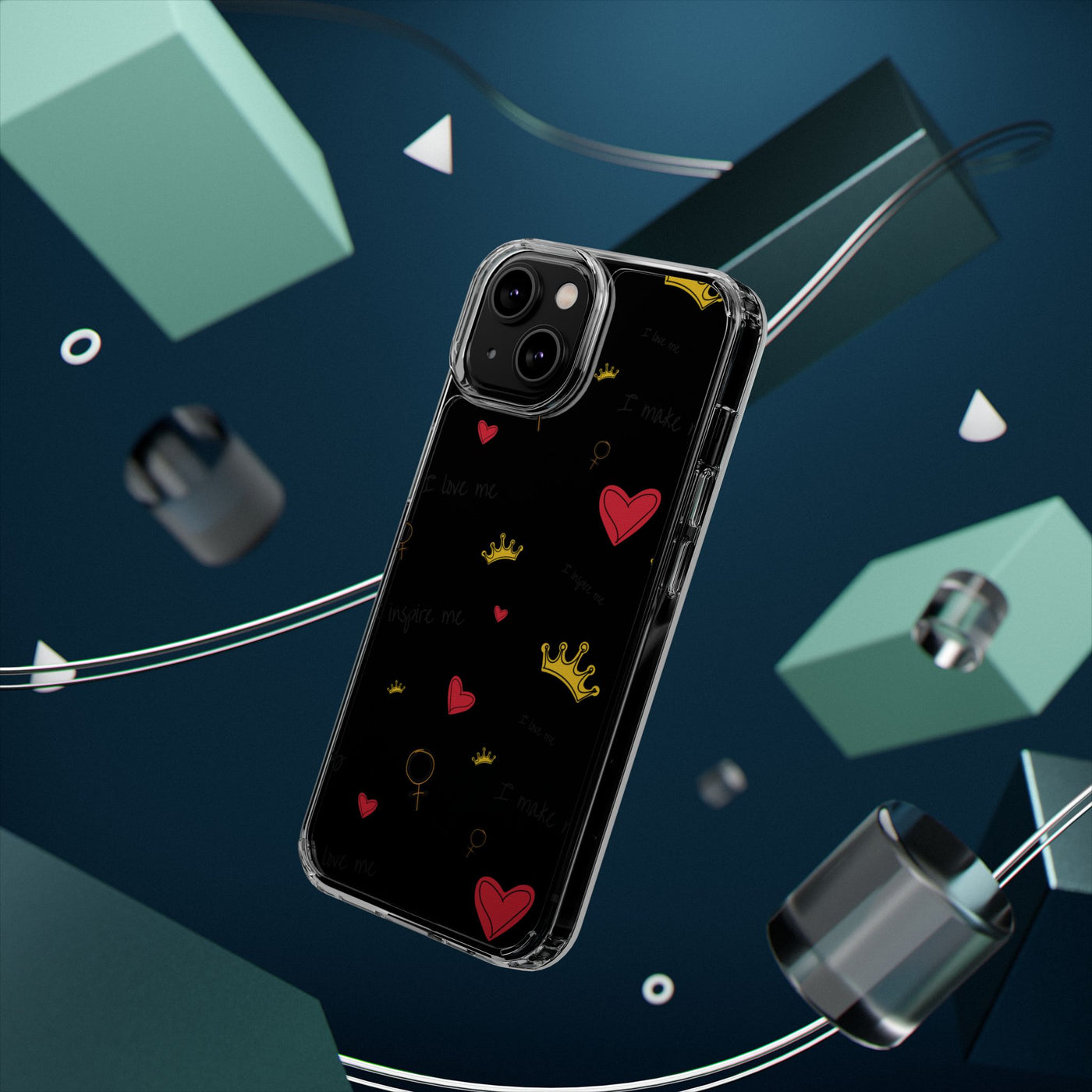 Inspirational Clear Phone Case with Hearts and Crowns