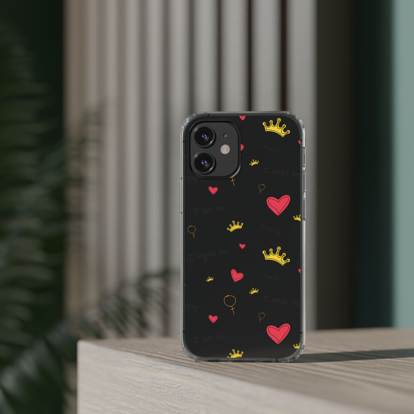 Inspirational Clear Phone Case with Hearts and Crowns