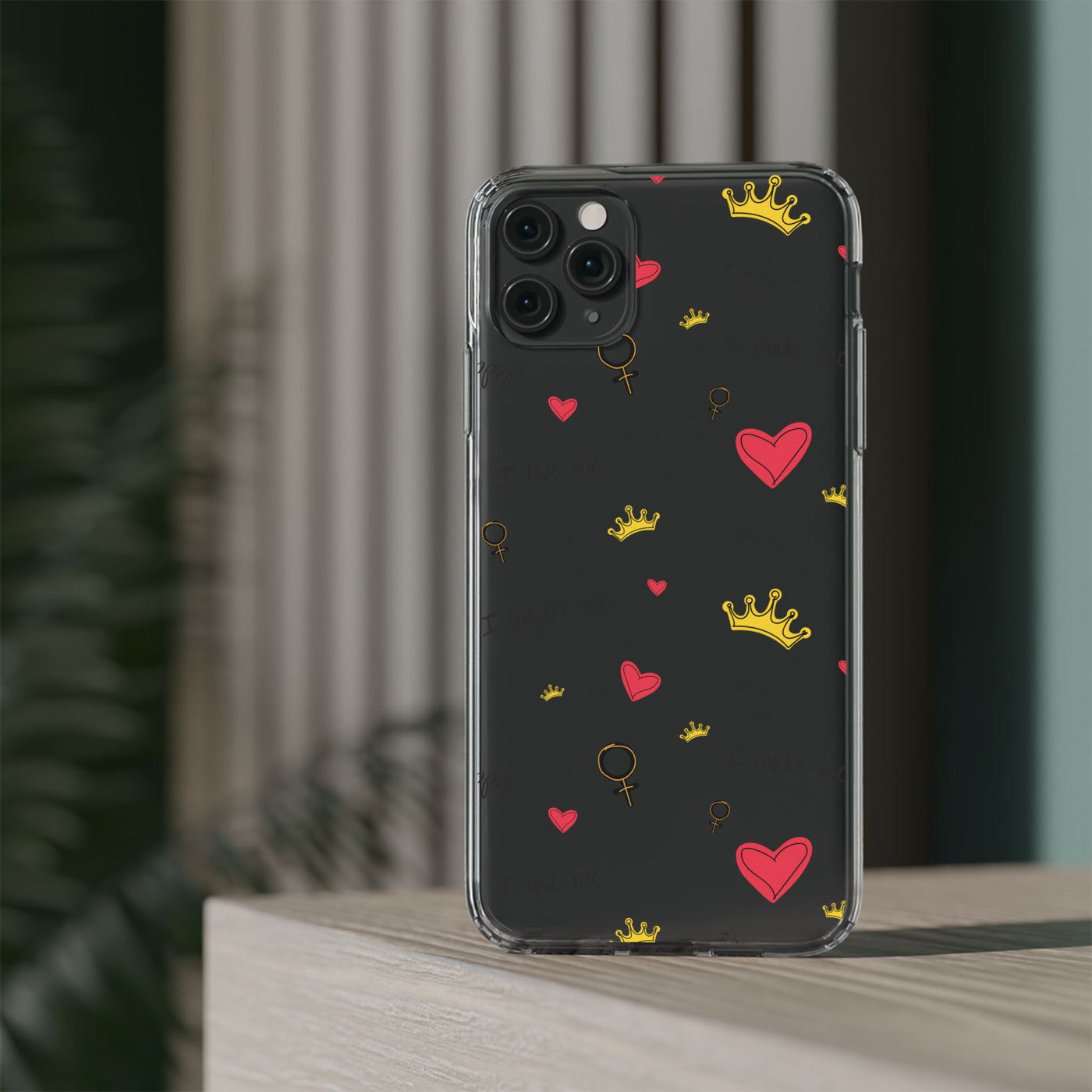 Inspirational Clear Phone Case with Hearts and Crowns