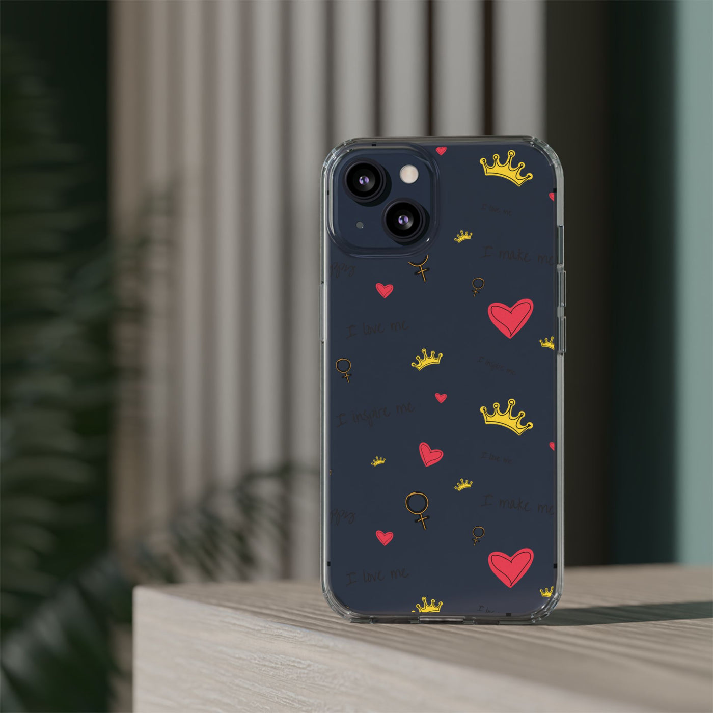 Inspirational Clear Phone Case with Hearts and Crowns