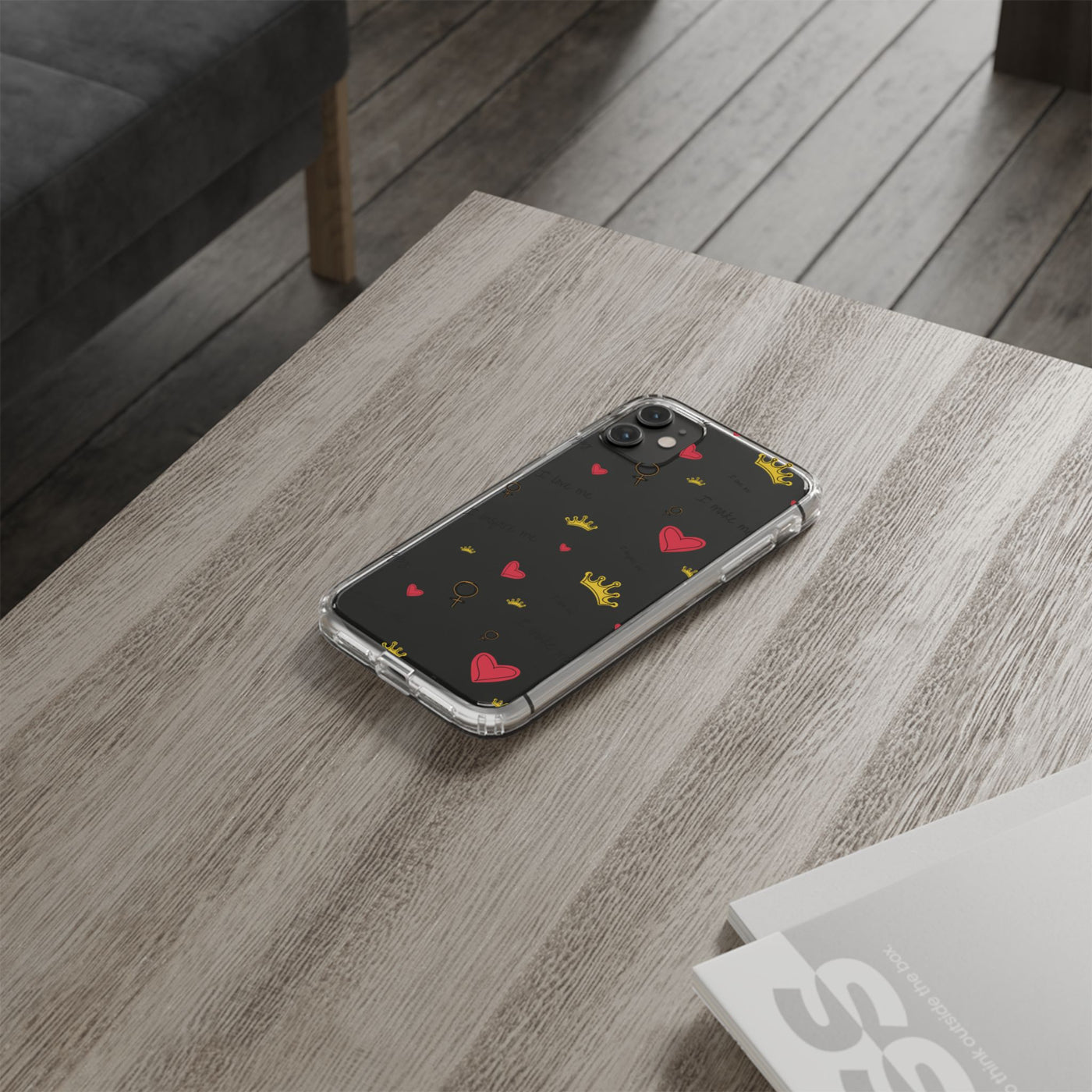 Inspirational Clear Phone Case with Hearts and Crowns