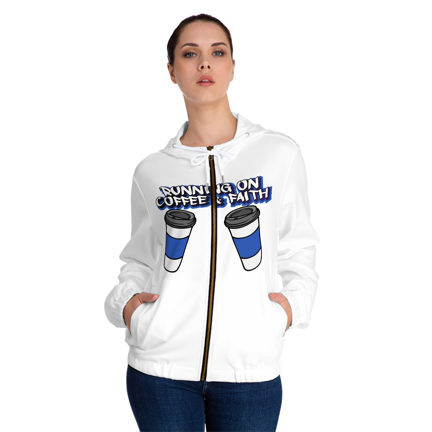 Running on Coffee & Faith Women's Full-Zip Hoodie, Cozy Jacket, Faith Apparel, Gift for Coffee Lovers, Inspirational Hoodie