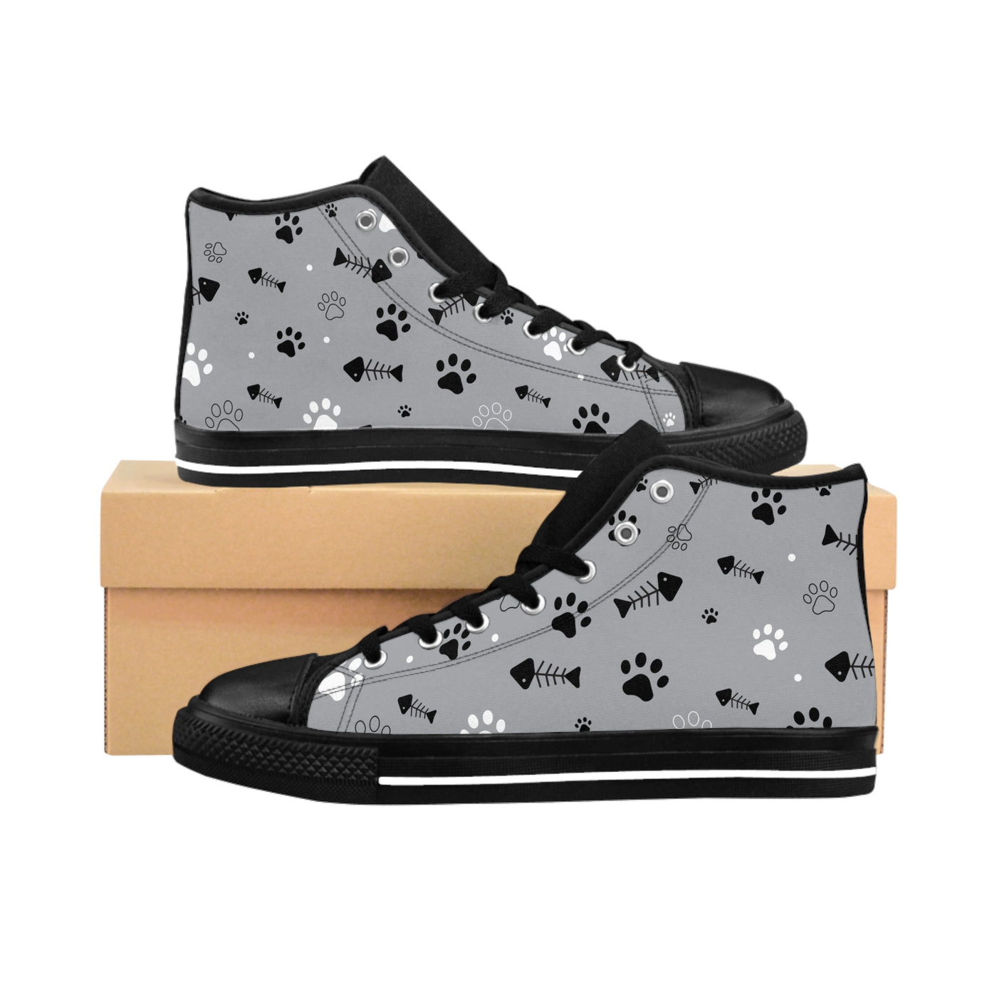 Pet Lover's Classic Sneakers with Paw Prints & Fish Design