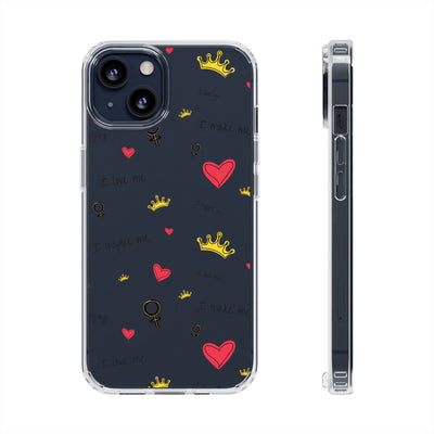 Inspirational Clear Phone Case with Hearts and Crowns