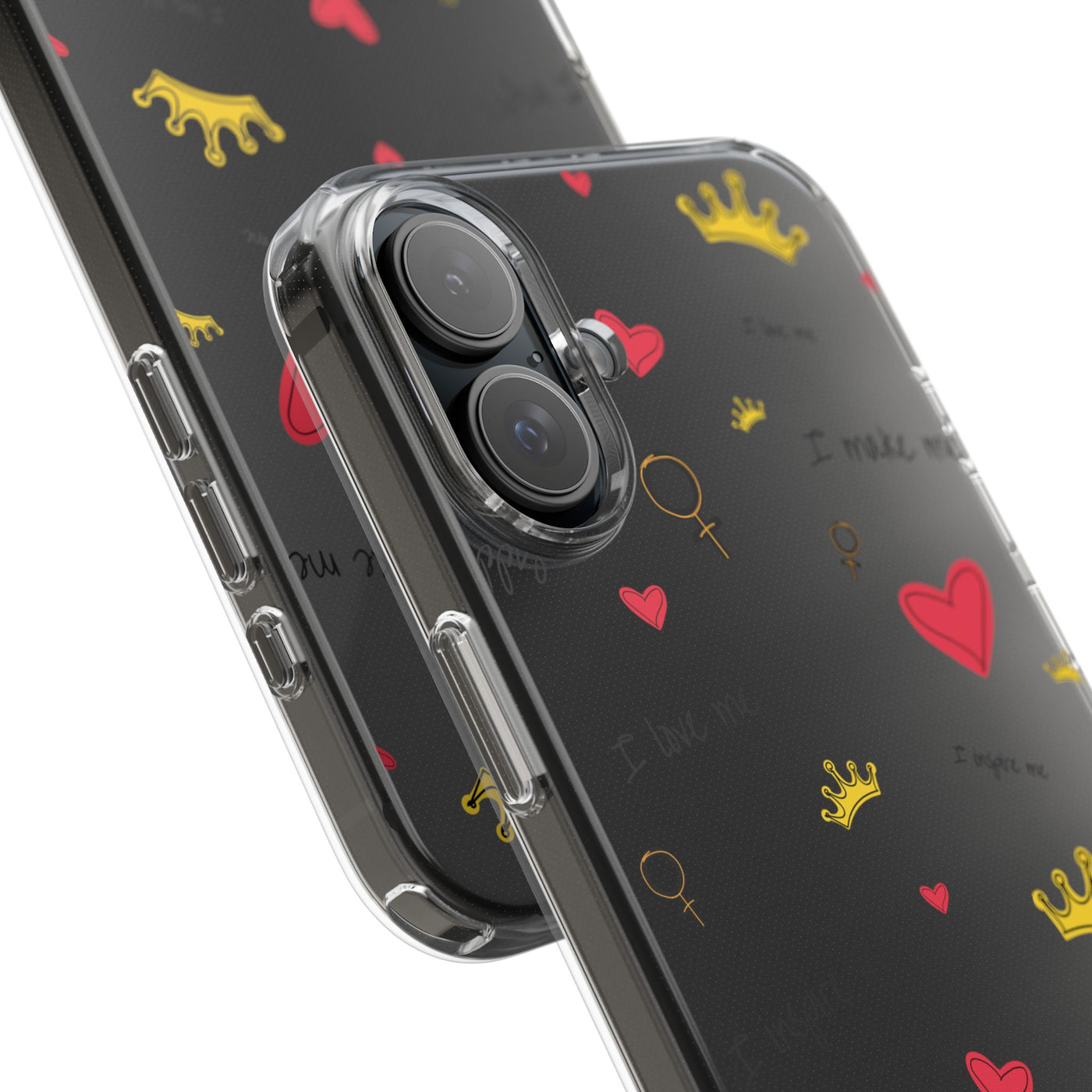 Inspirational Clear Phone Case with Hearts and Crowns