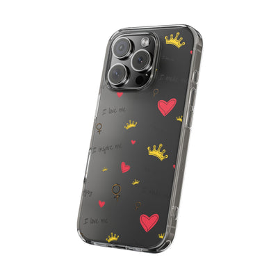 Inspirational Clear Phone Case with Hearts and Crowns
