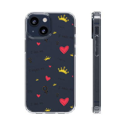 Inspirational Clear Phone Case with Hearts and Crowns