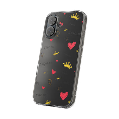 Inspirational Clear Phone Case with Hearts and Crowns