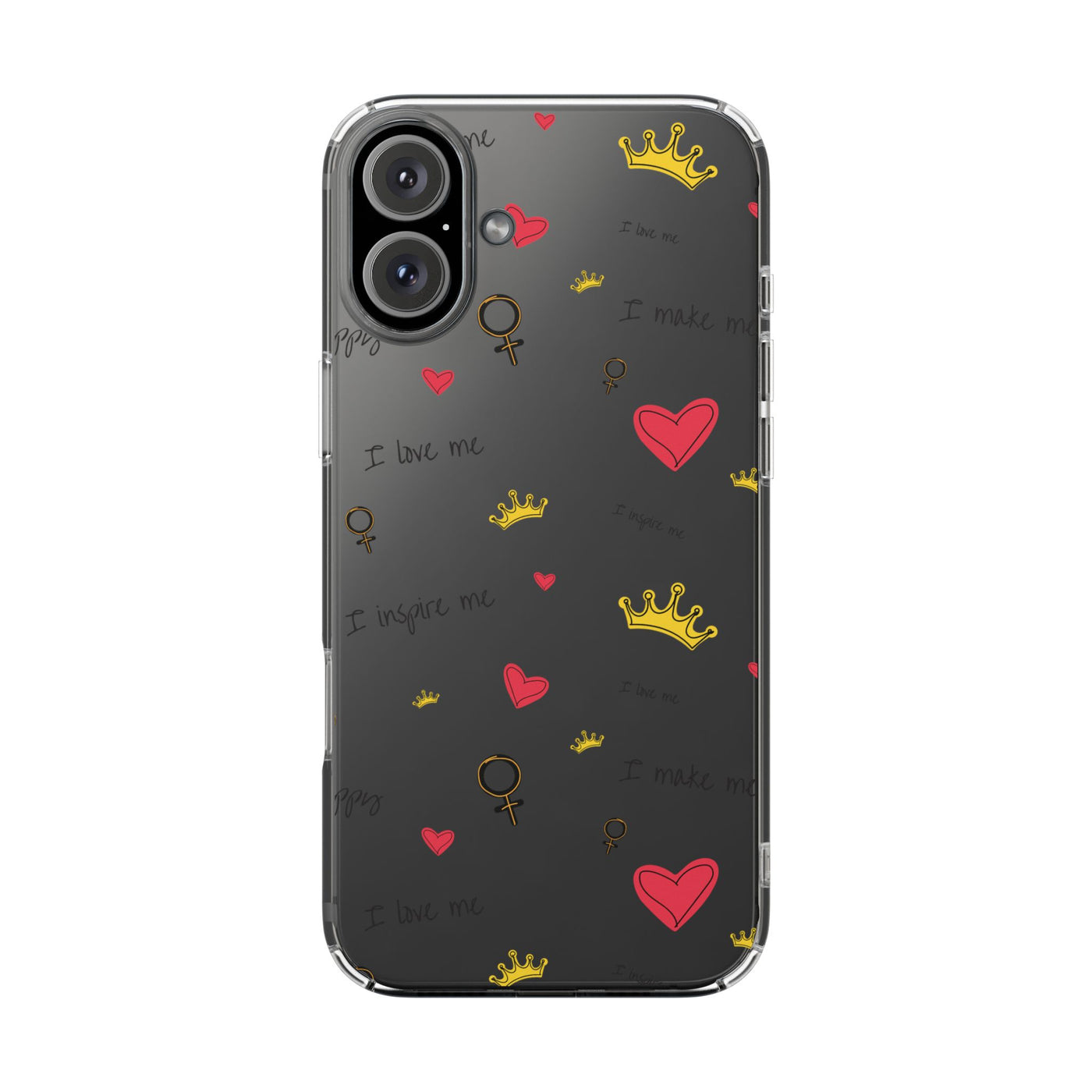 Inspirational Clear Phone Case with Hearts and Crowns