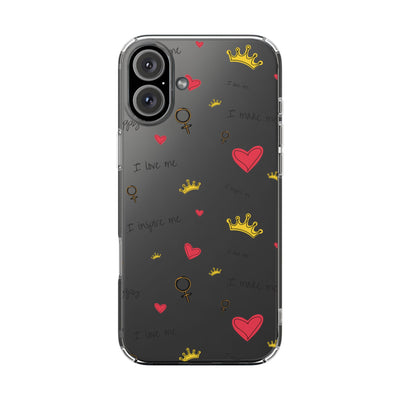 Inspirational Clear Phone Case with Hearts and Crowns