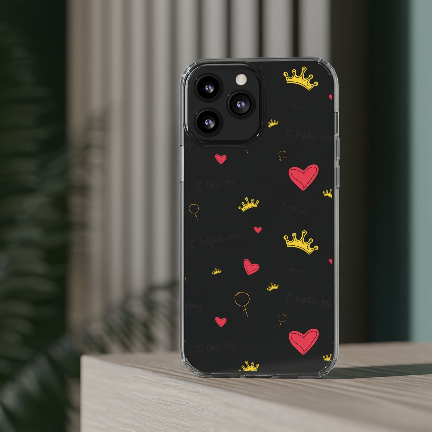 Inspirational Clear Phone Case with Hearts and Crowns