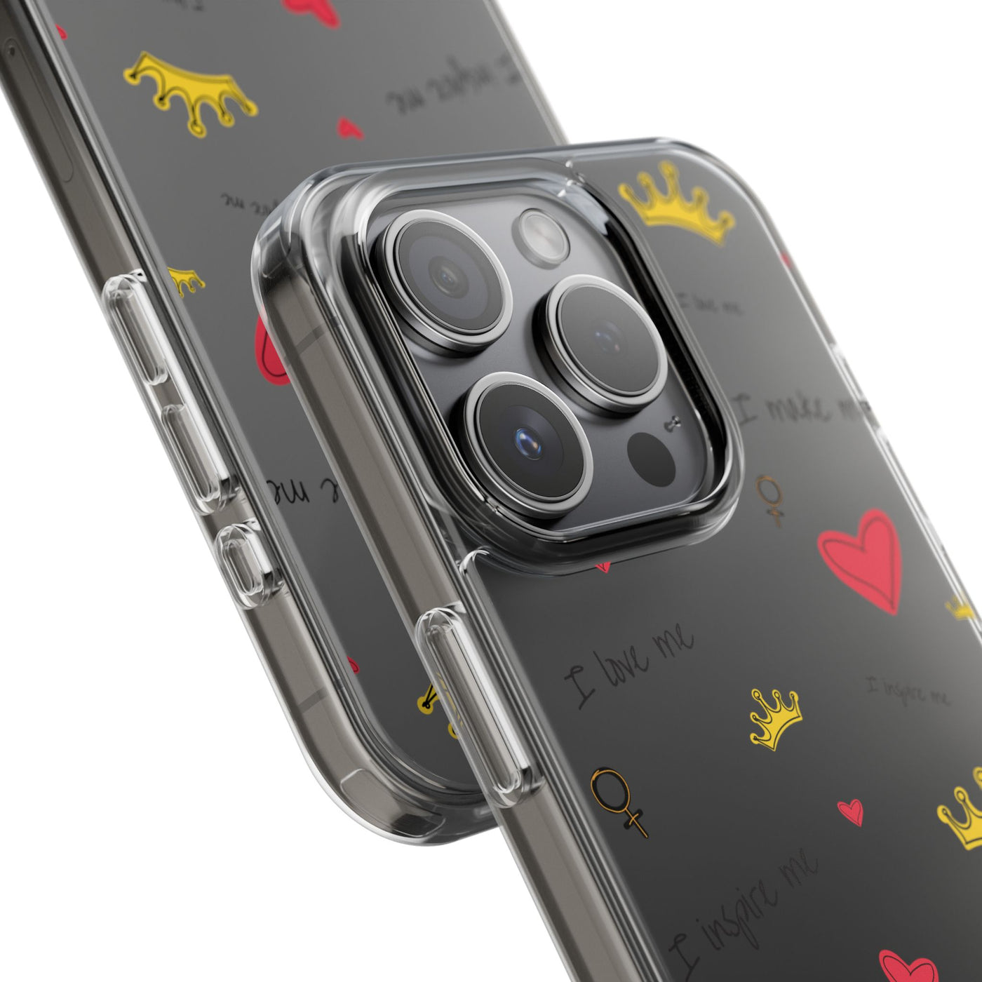 Inspirational Clear Phone Case with Hearts and Crowns