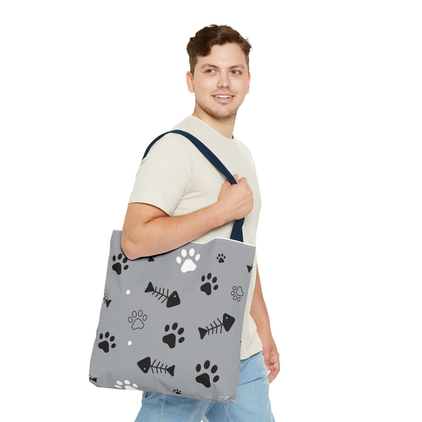 Cute Pet-Themed Tote Bag with Paws and Fish Design