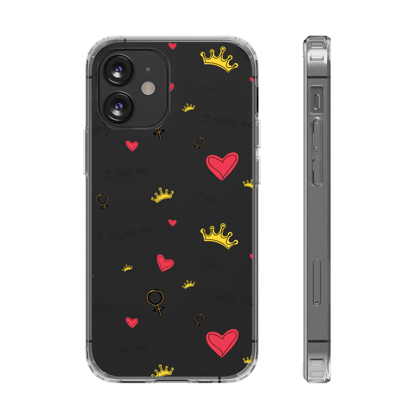 Inspirational Clear Phone Case with Hearts and Crowns