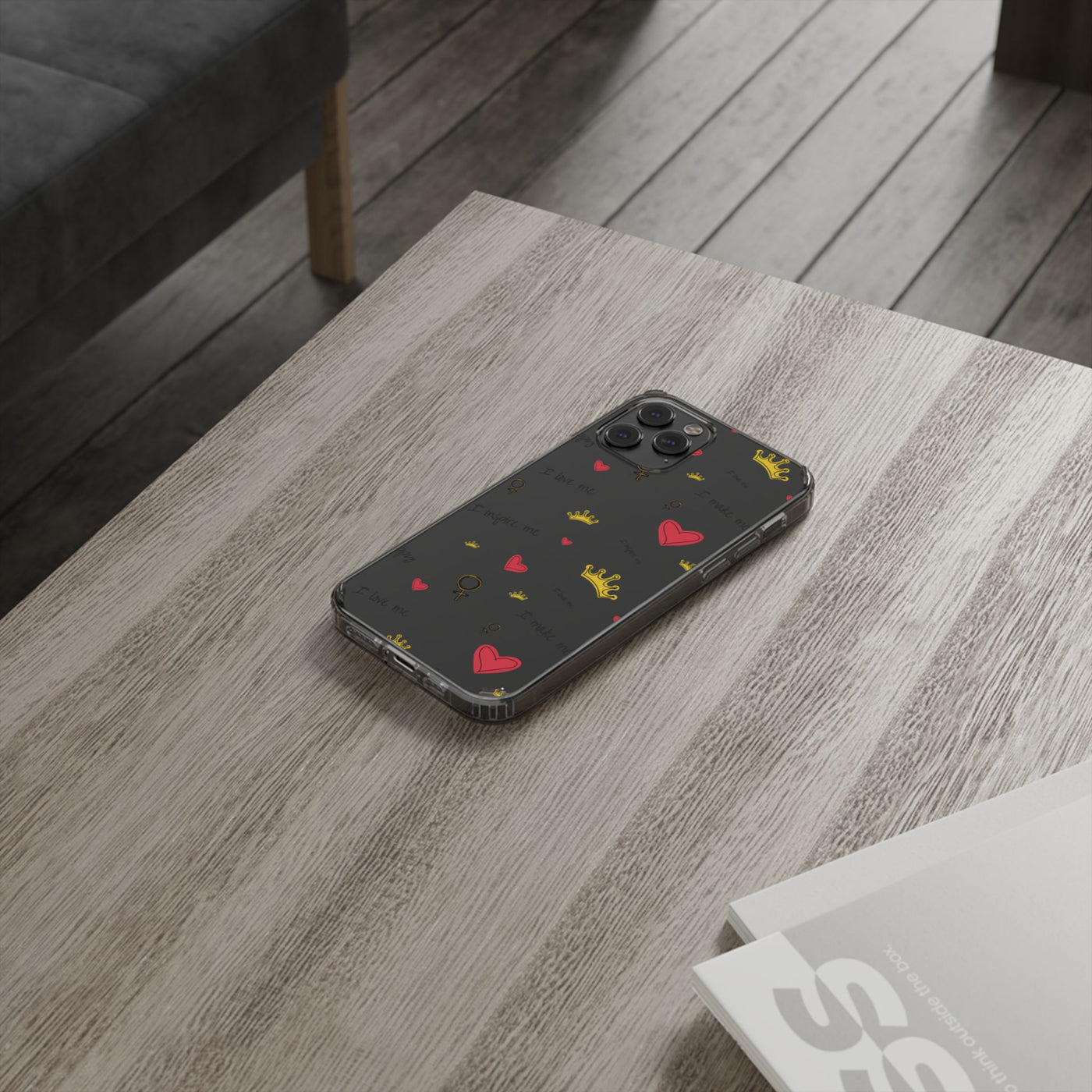 Inspirational Clear Phone Case with Hearts and Crowns
