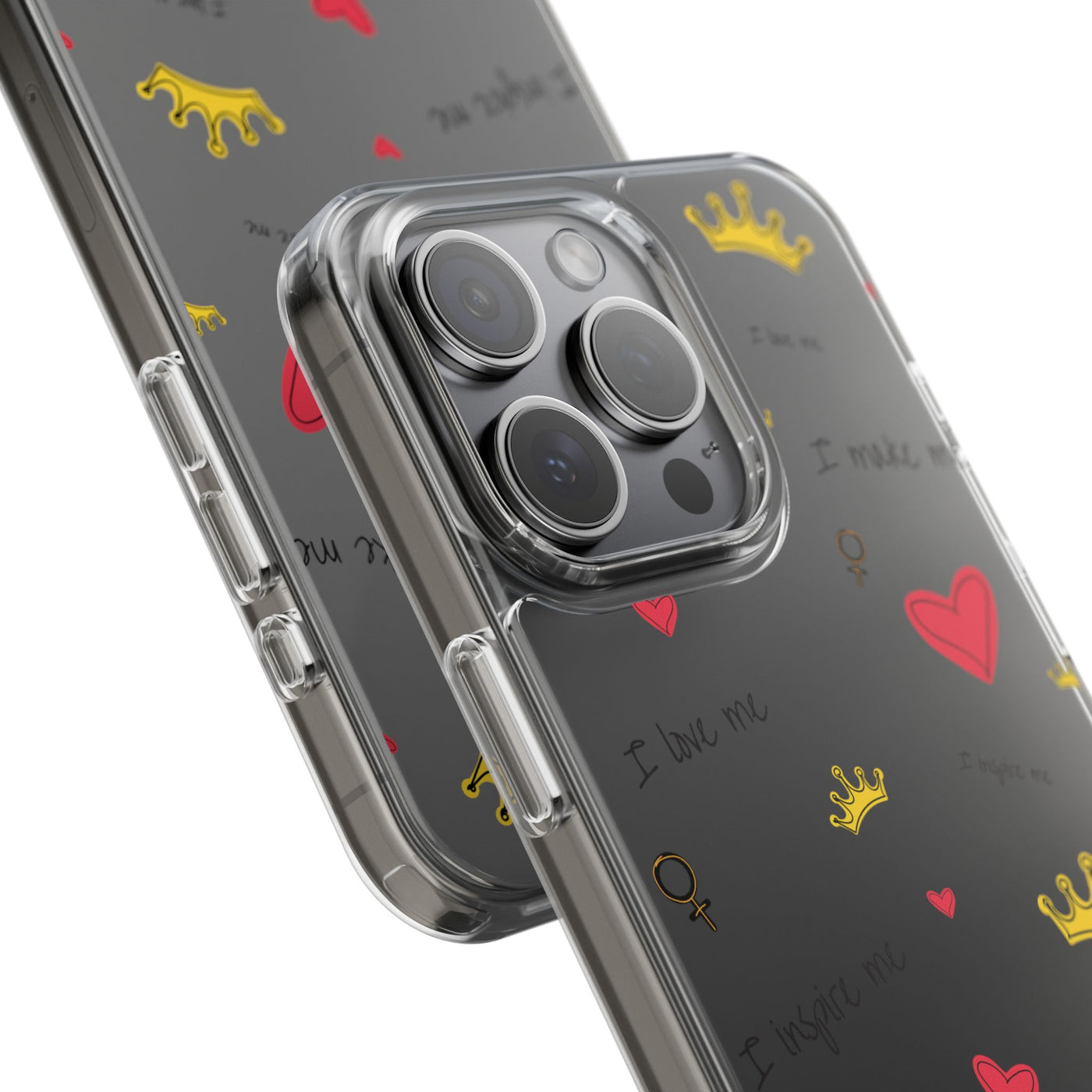 Inspirational Clear Phone Case with Hearts and Crowns