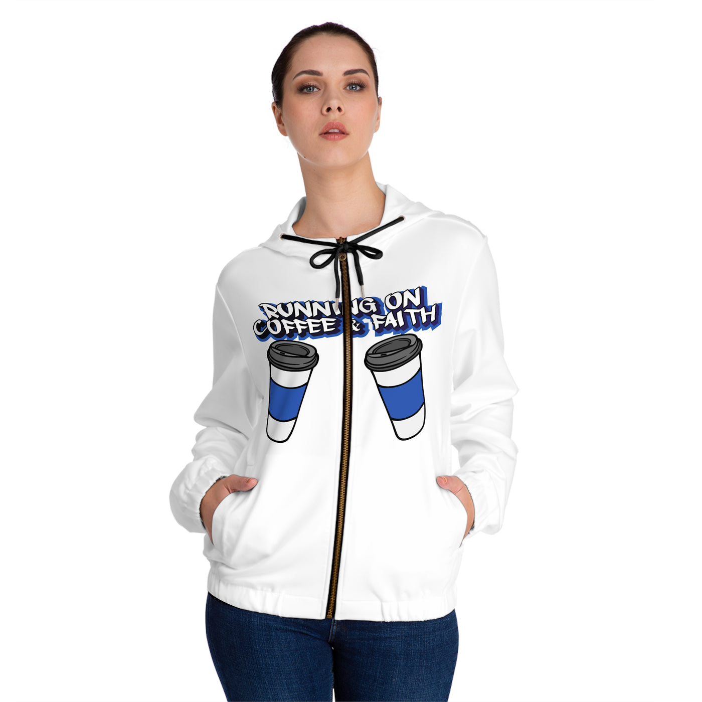 Running on Coffee & Faith Women's Full-Zip Hoodie, Cozy Jacket, Faith Apparel, Gift for Coffee Lovers, Inspirational Hoodie
