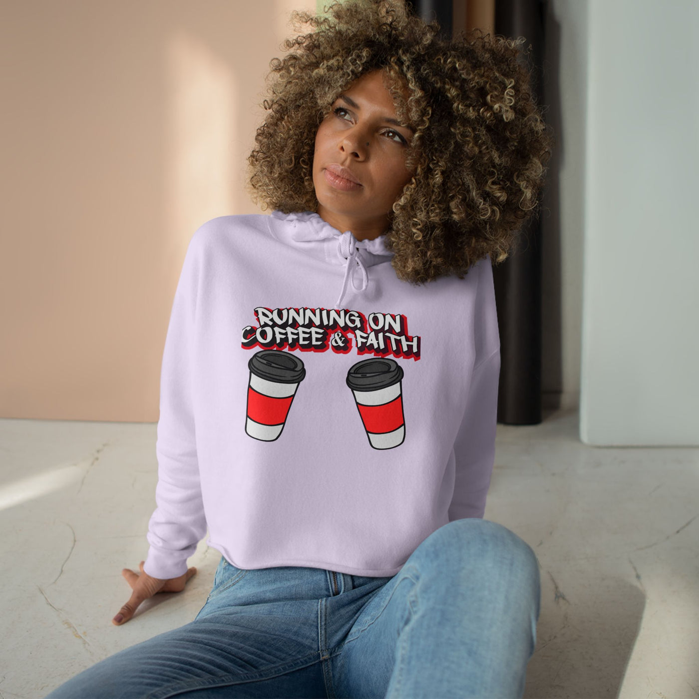 Running on Coffee & Faith Crop Hoodie - Cozy Sweatshirt for Coffee Lovers
