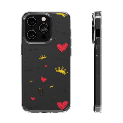 Inspirational Clear Phone Case with Hearts and Crowns