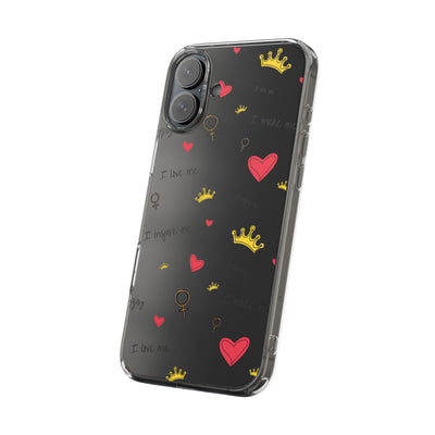 Inspirational Clear Phone Case with Hearts and Crowns