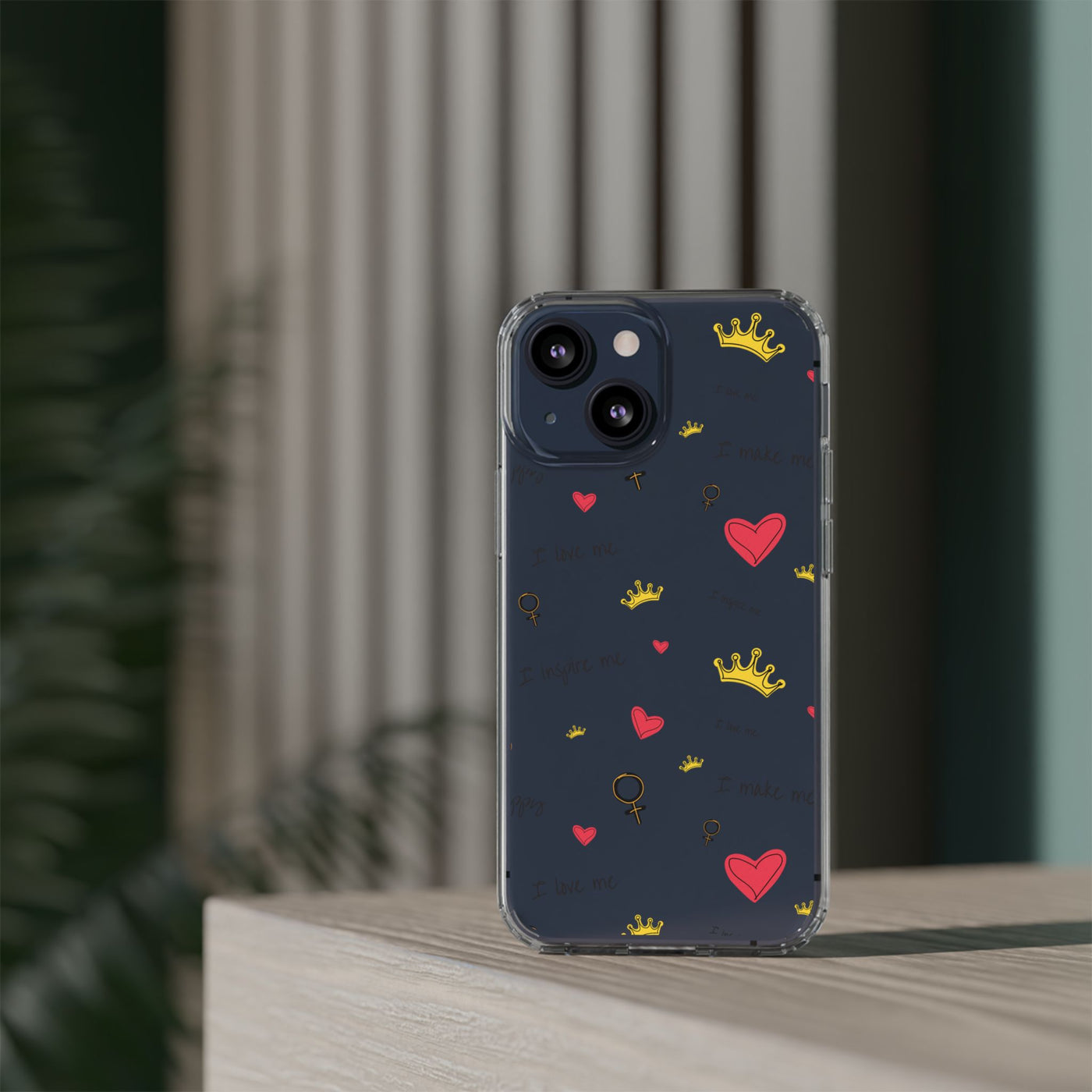 Inspirational Clear Phone Case with Hearts and Crowns