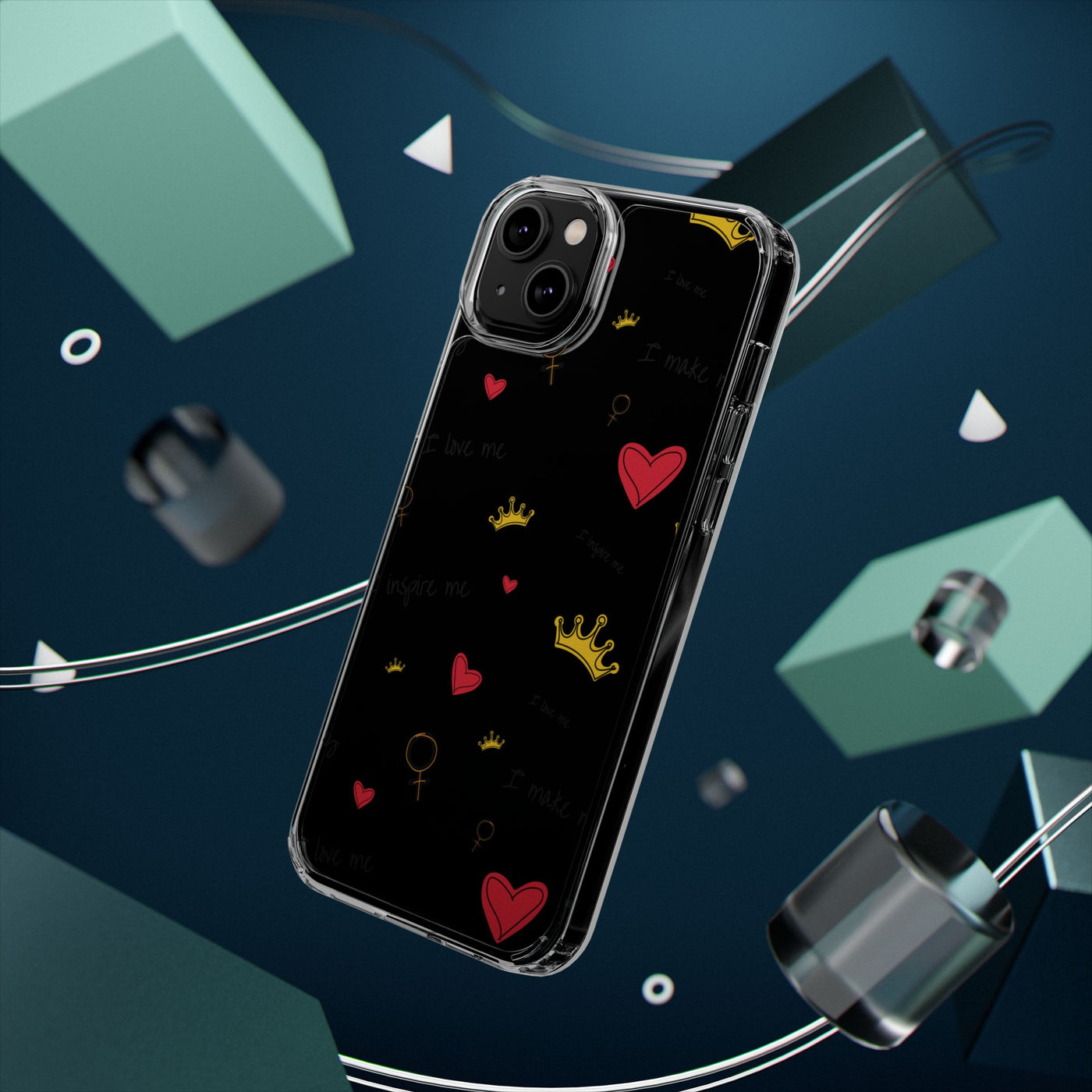 Inspirational Clear Phone Case with Hearts and Crowns