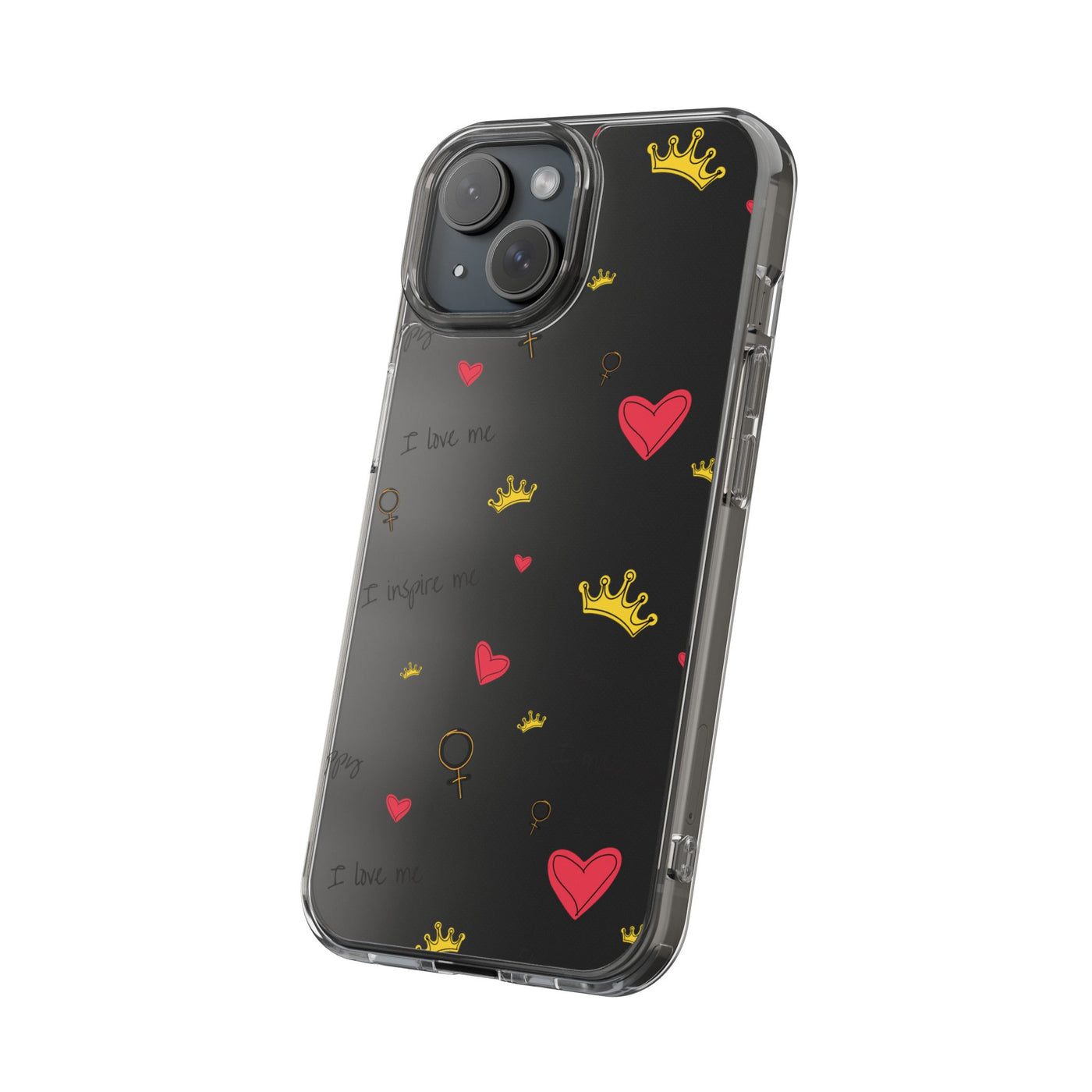 Inspirational Clear Phone Case with Hearts and Crowns