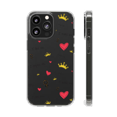 Inspirational Clear Phone Case with Hearts and Crowns