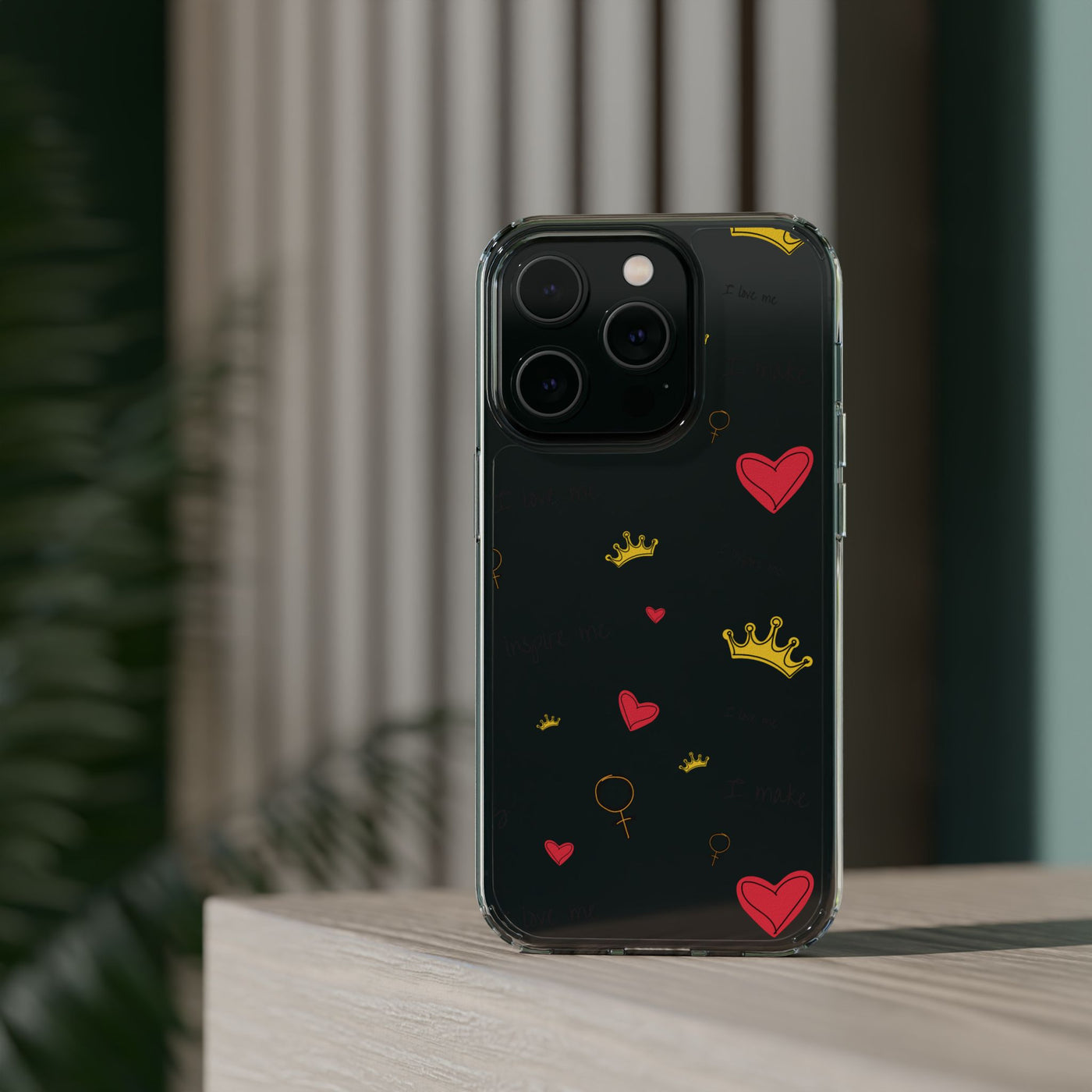 Inspirational Clear Phone Case with Hearts and Crowns