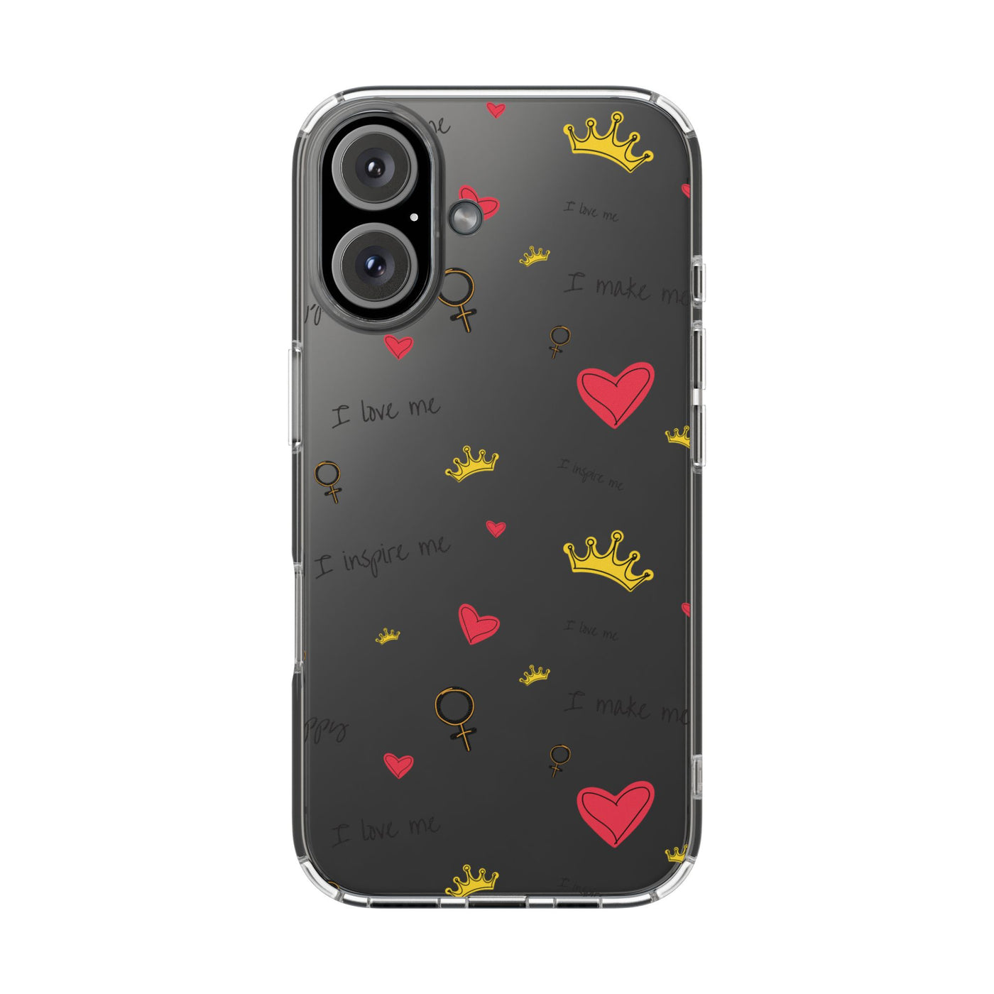 Inspirational Clear Phone Case with Hearts and Crowns