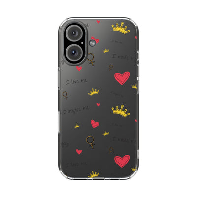 Inspirational Clear Phone Case with Hearts and Crowns