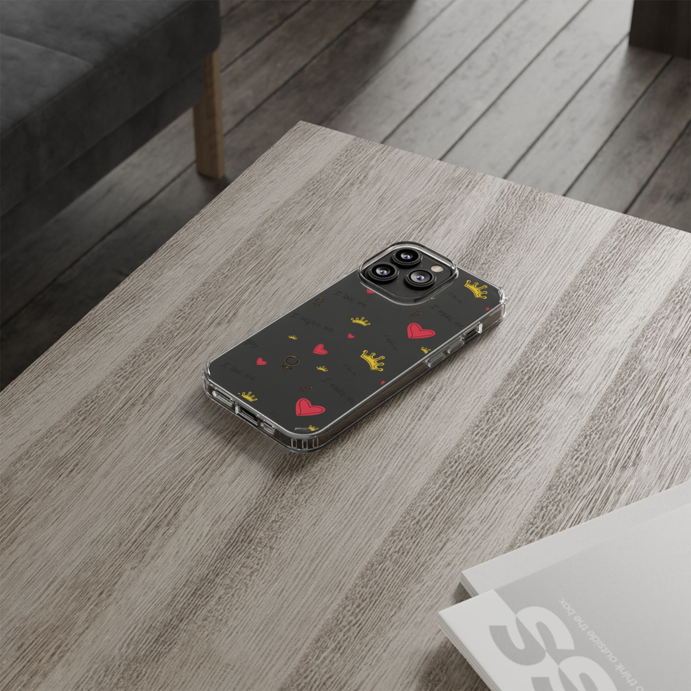 Inspirational Clear Phone Case with Hearts and Crowns