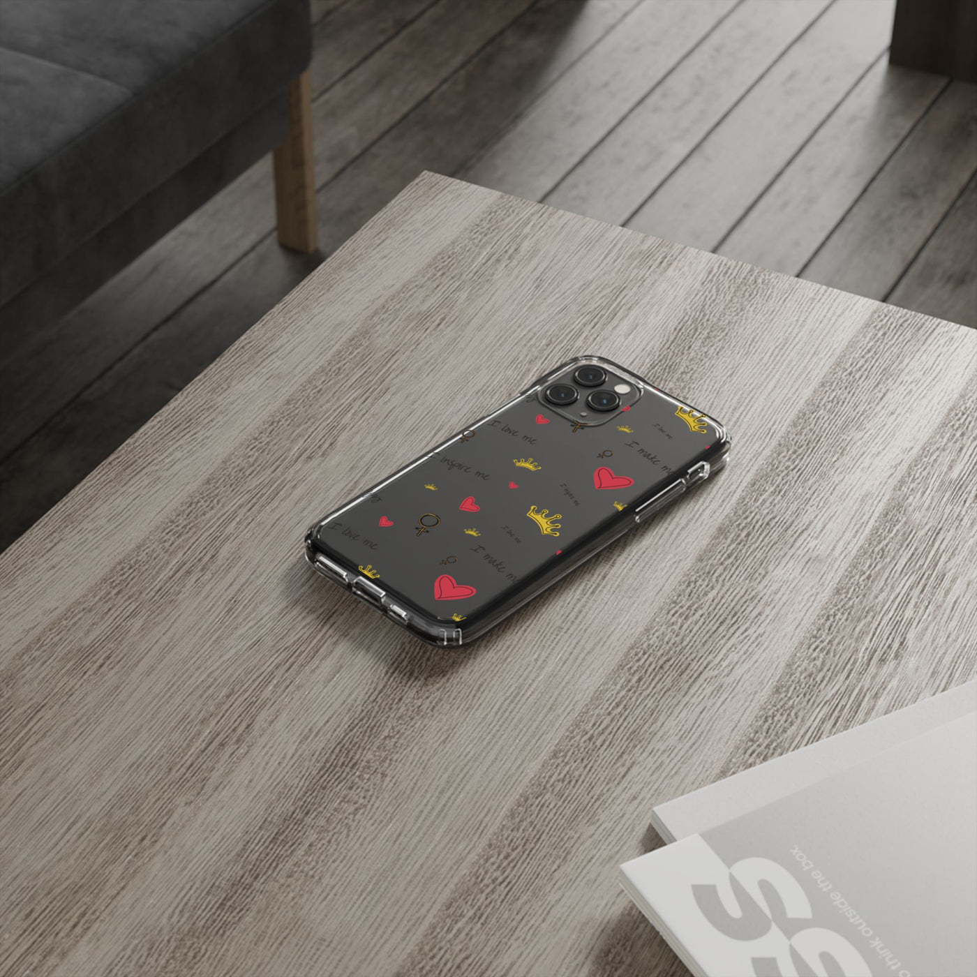 Inspirational Clear Phone Case with Hearts and Crowns